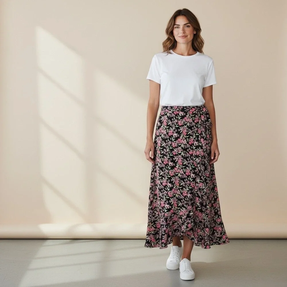Vintage MARONIE Black Pink Floral Wrap Maxi Skirt Cottage Coquette Romantic‎ Y2K